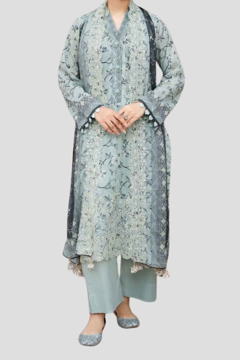32 3 Piece Unstitched Embroidered Lawn Suit - Image 1